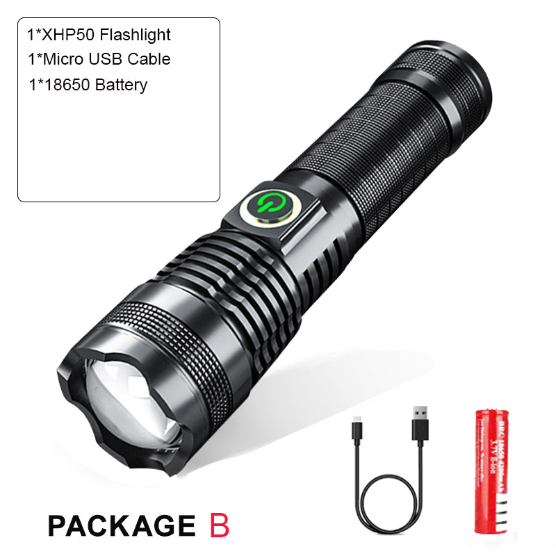 P50 Strong Light Zoom Flashlight Battery Display